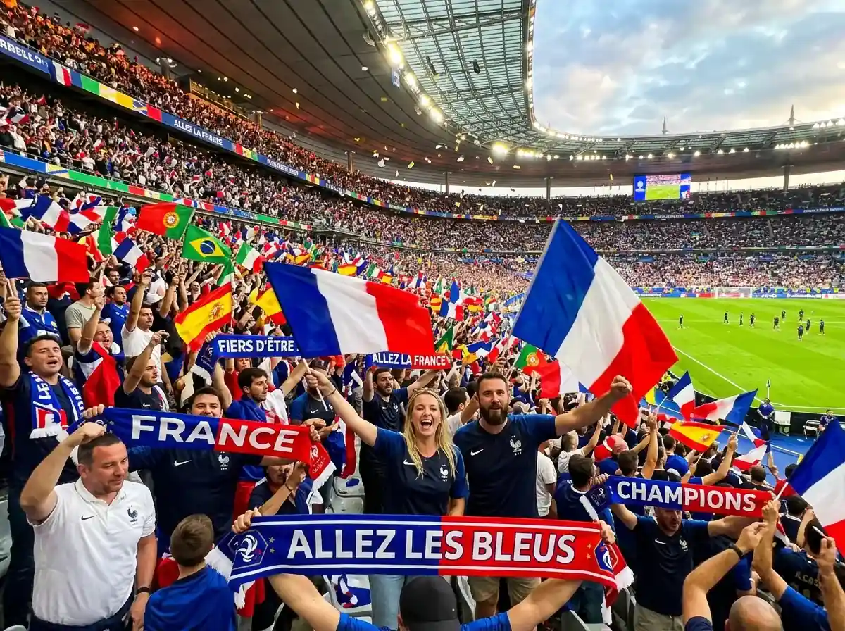 Tribune de stade de soccer remplie de supporters agitant des drapeaux nationaux lors d'un match de phase de groupes