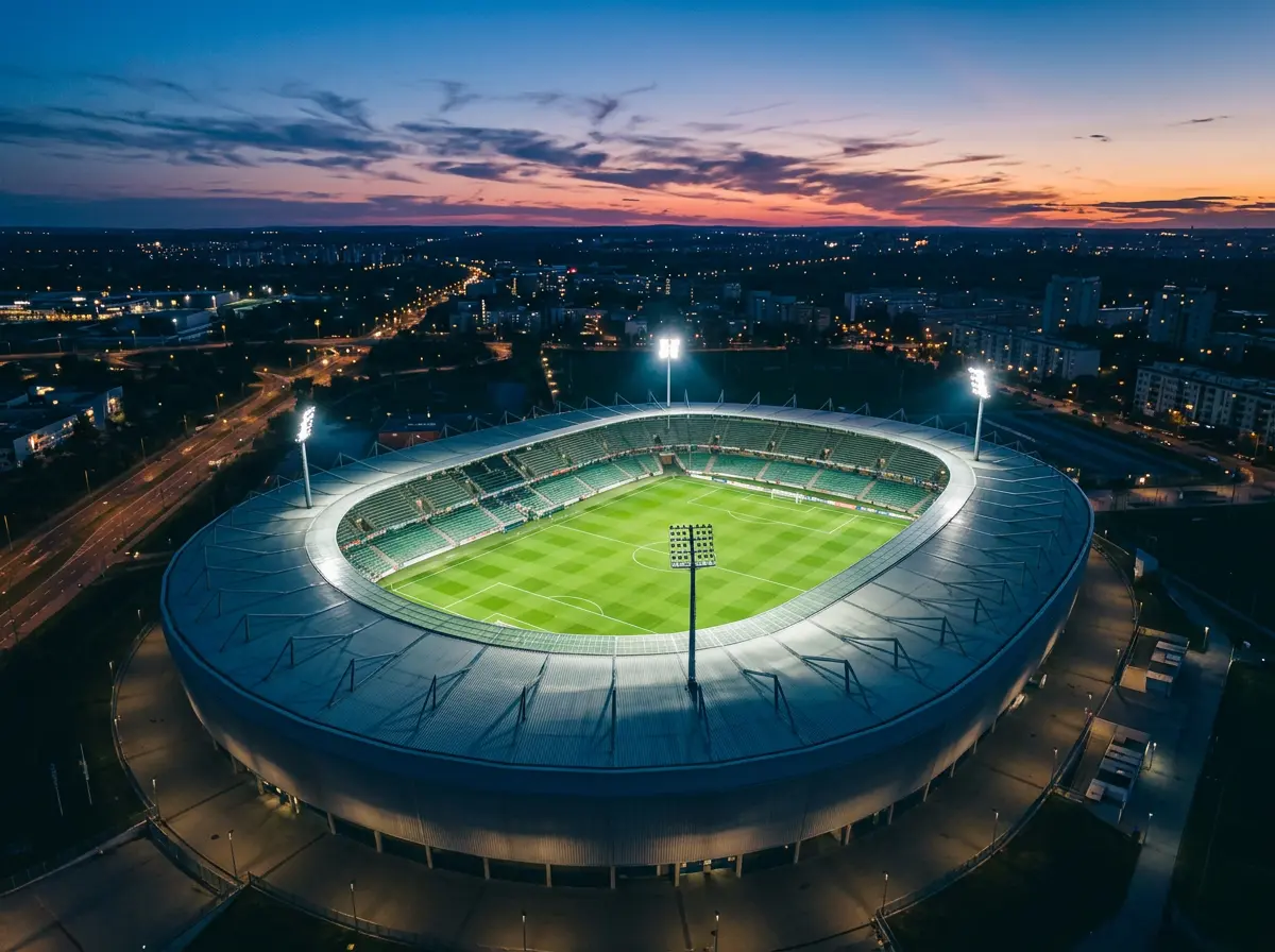 Vue aérienne d'un stade de soccer moderne avec le terrain éclairé sous les projecteurs en soirée
