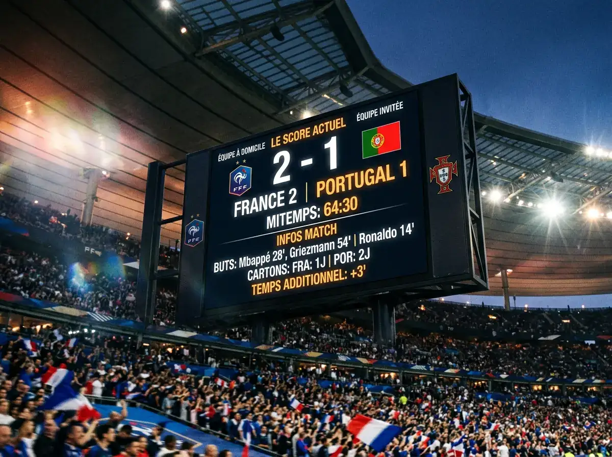Tableau d'affichage de stade de soccer montrant les cotes et scores lors d'un match de Coupe du Monde