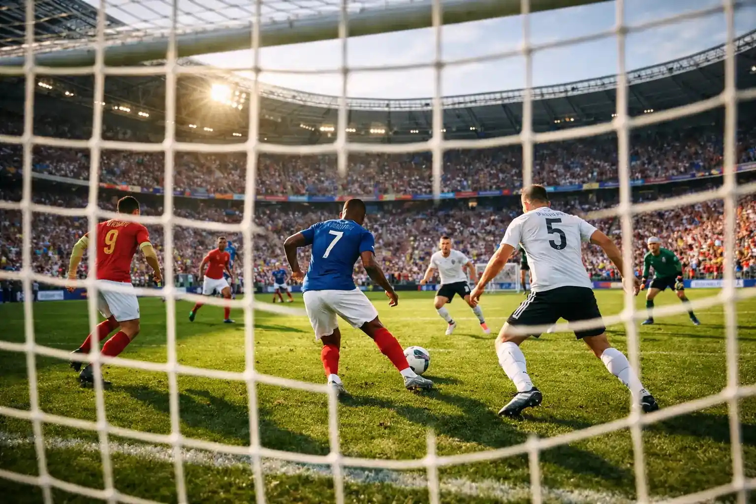 Joueurs de soccer en maillots nationaux se positionnant sur le terrain avant le coup d'envoi d'un match international