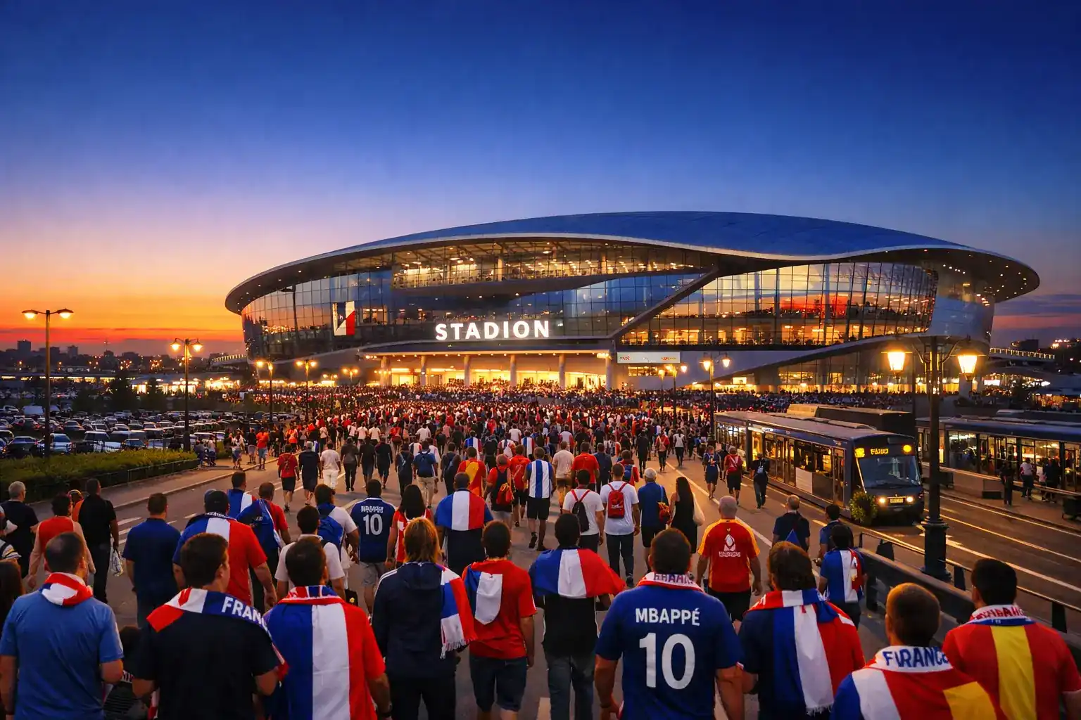 Stade de soccer nord-américain vu de l'extérieur avec la foule de supporters se dirigeant vers les entrées