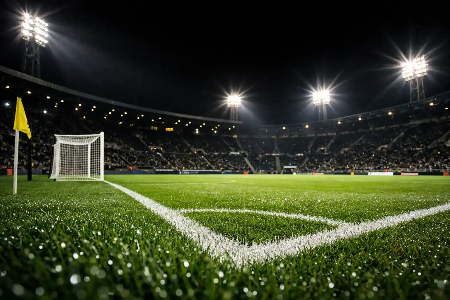 Pelouse de stade de soccer avec lignes blanches tracées et filet de but visible en arrière-plan sous éclairage de nuit