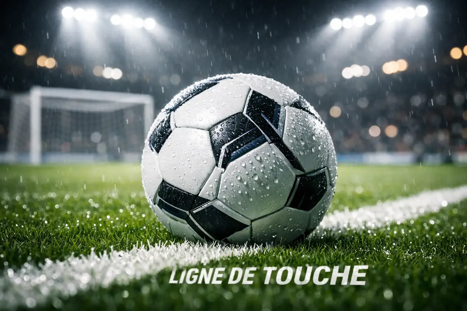 Ballon de soccer officiel posé sur la pelouse d'un stade international avec les projecteurs allumés en arrière-plan