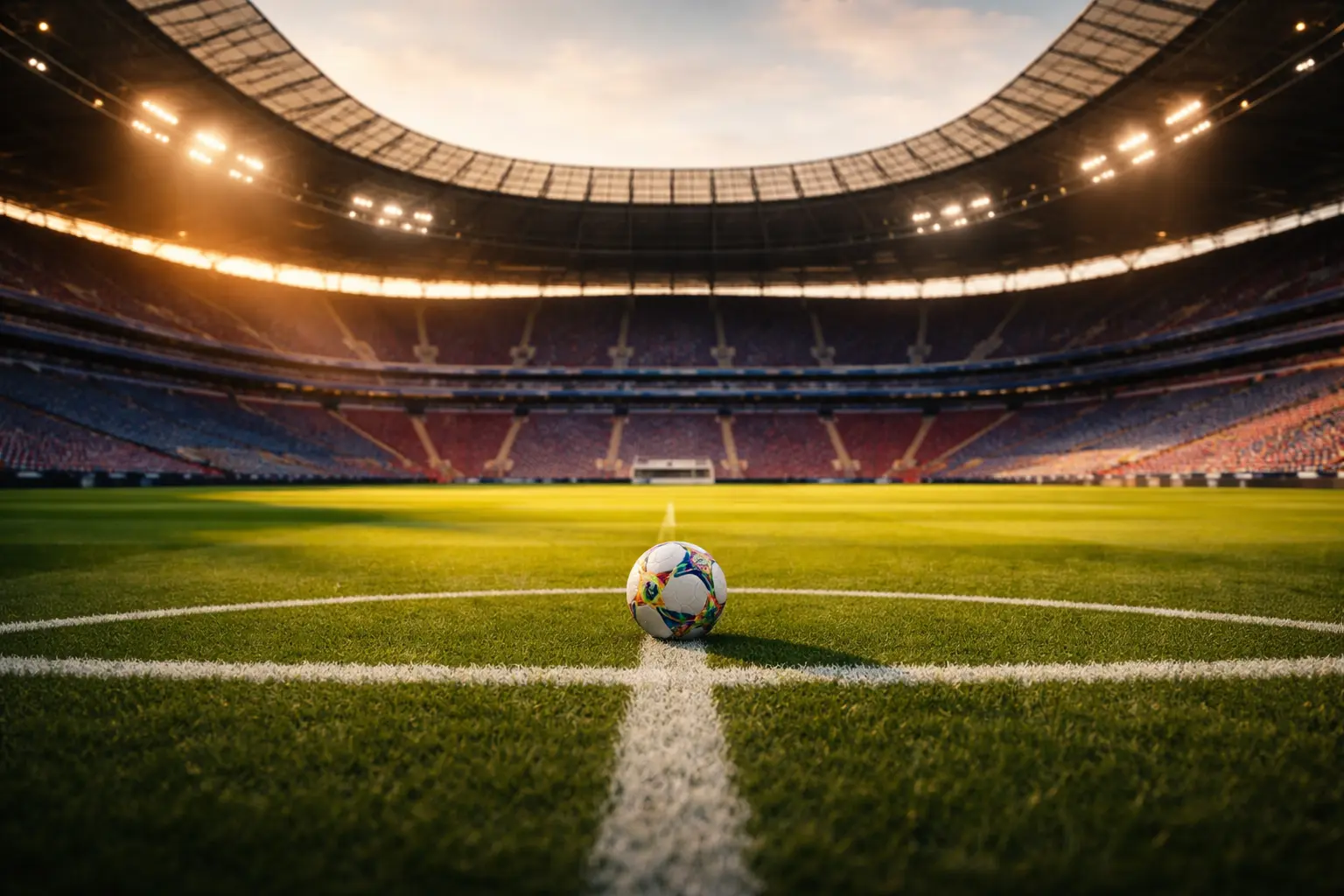 Terrain de soccer vu depuis les tribunes avec un stade rempli de spectateurs lors d'un match international de Coupe du Monde