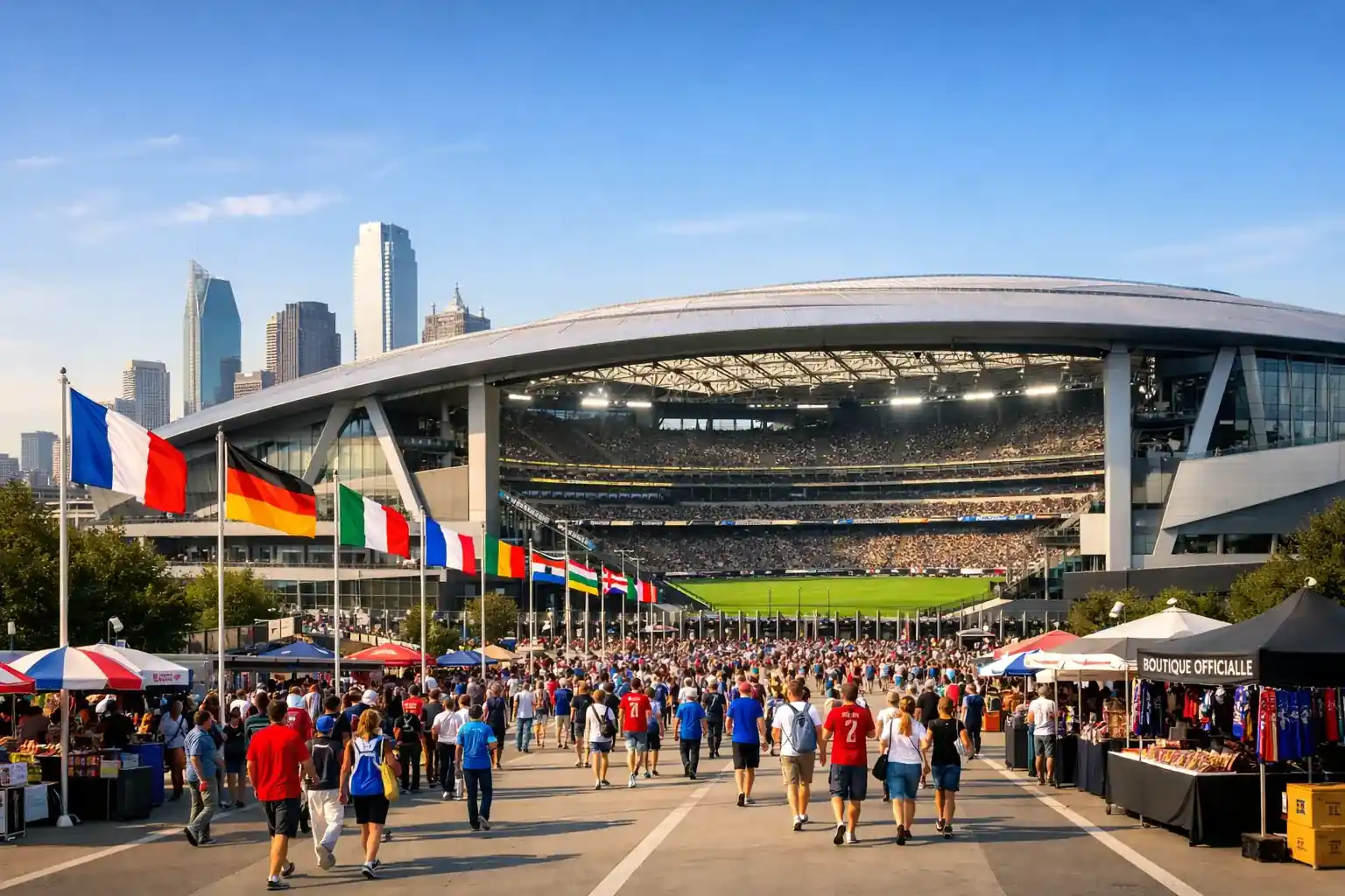 Vue panoramique d'un grand stade de football en Amérique du Nord prêt pour la Coupe du Monde 2026