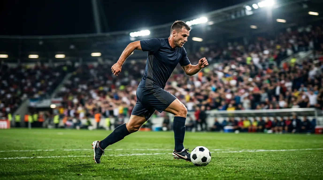 Attaquant en action lors d'un match de Coupe du Monde 2026, projecteurs du stade