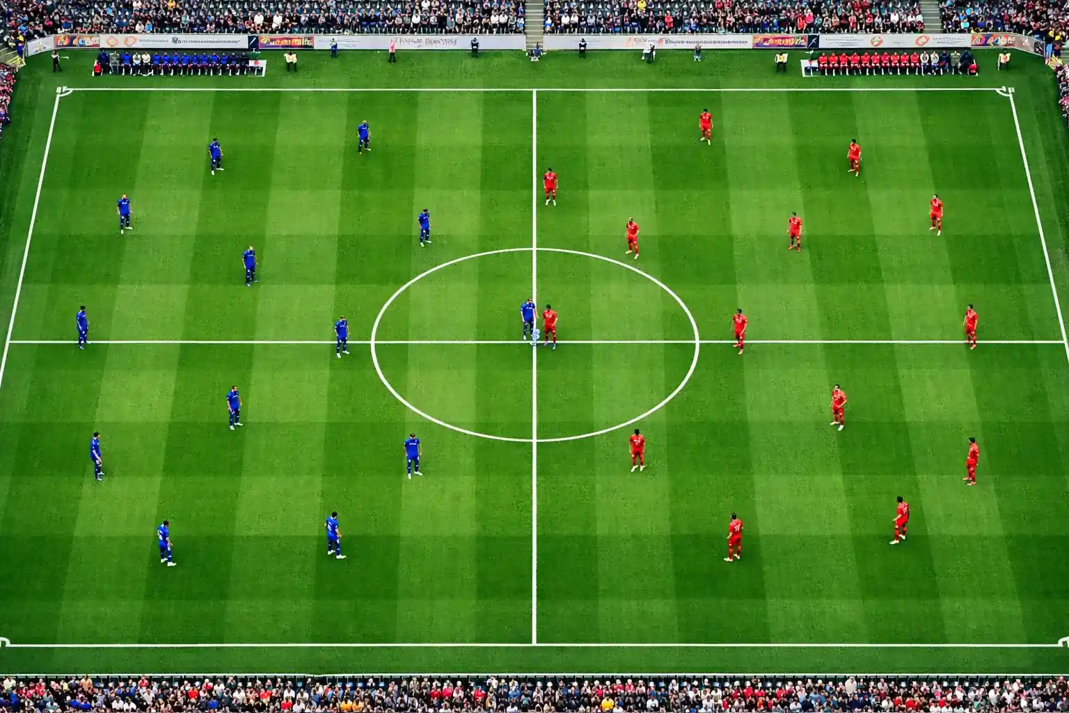 Vue aérienne d'un terrain de football lors d'une compétition internationale avec les équipes alignées